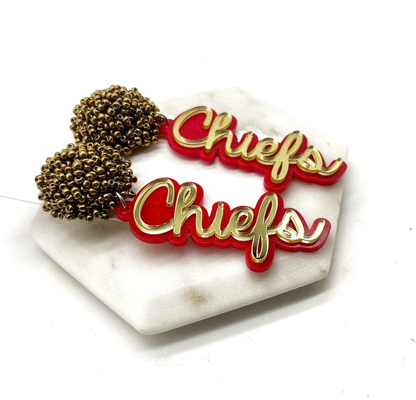 Kansas City Chiefs Pom Gold Red Football Earrings