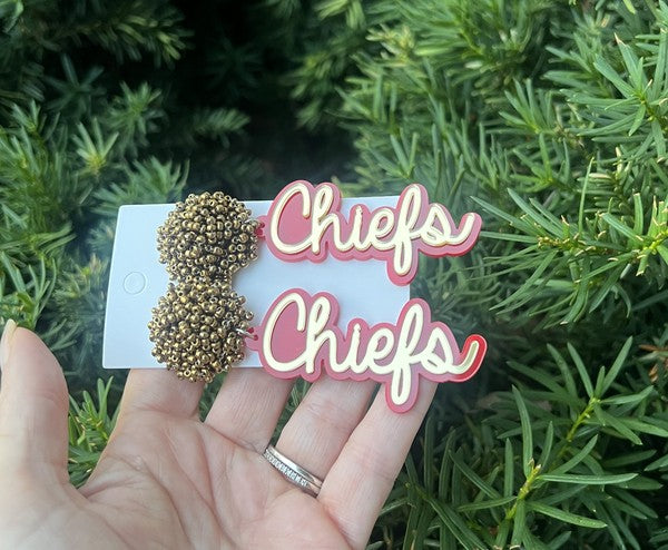 Kansas City Chiefs Pom Gold Red Football Earrings